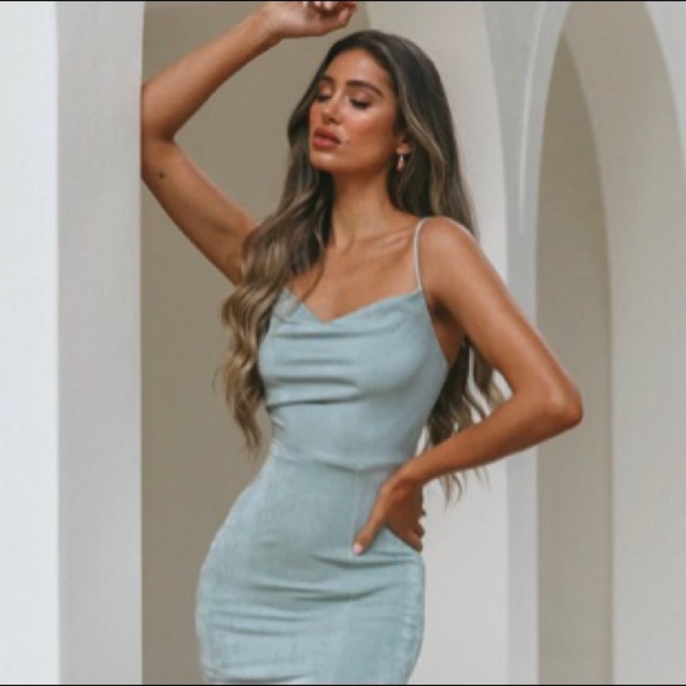Charlotte Russe Dusty Blue Halter Dress with Tie in Back Low Back with Elastic